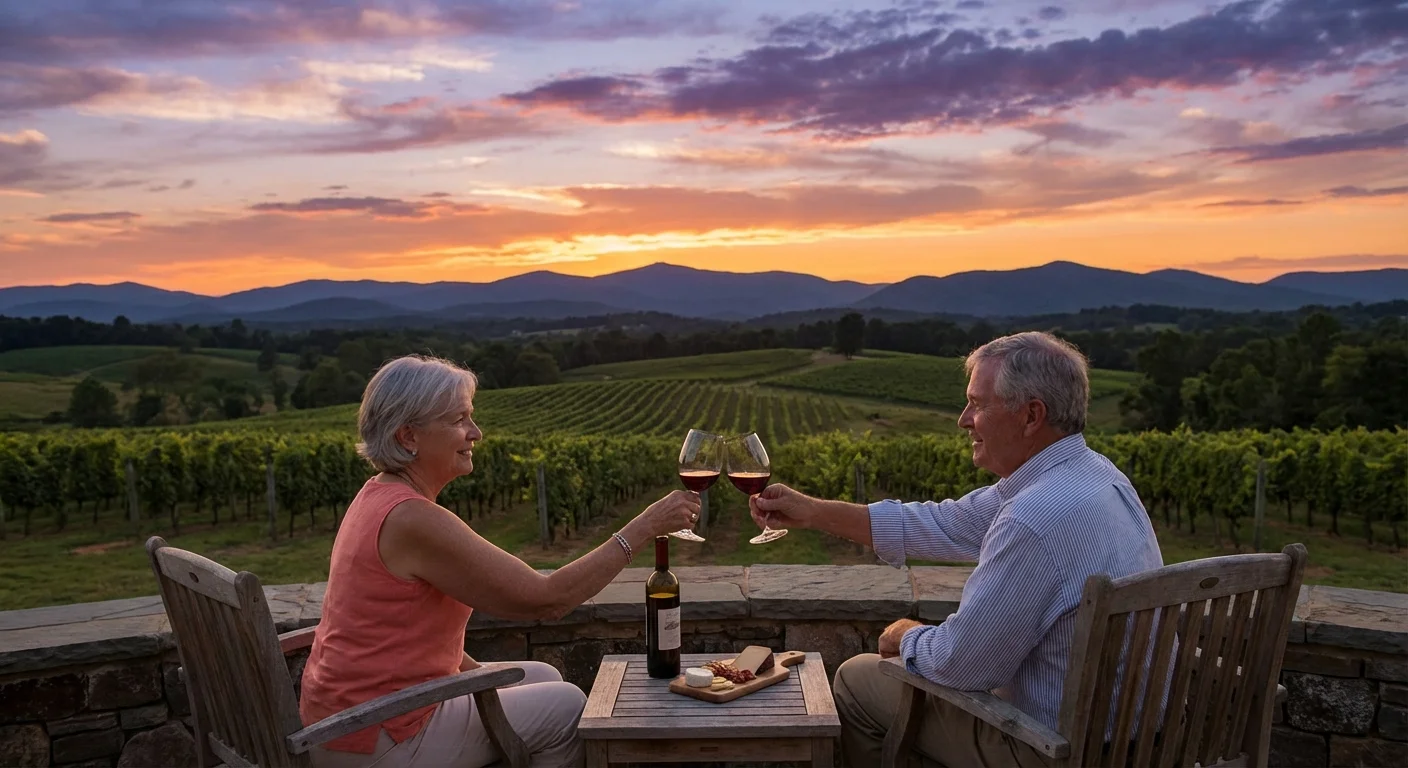 A couple enjoys wine at a Virginia vineyard during a mountain sunset.
