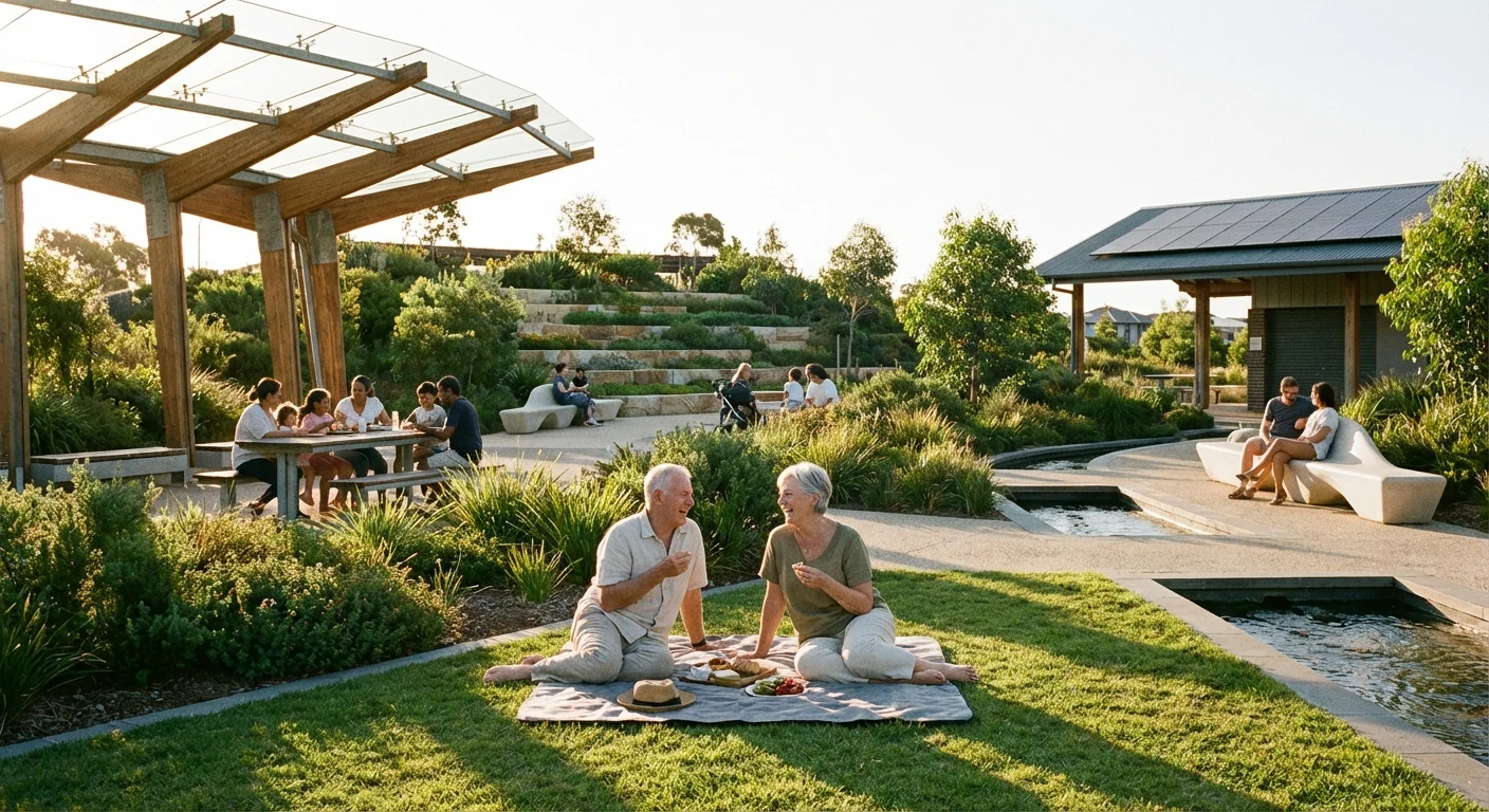 A couple having a picnic in a modern, architecturally unique park.