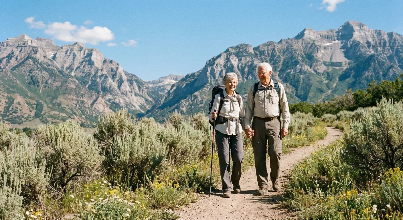 A couple hiking with mountain views in Provo, Utah.