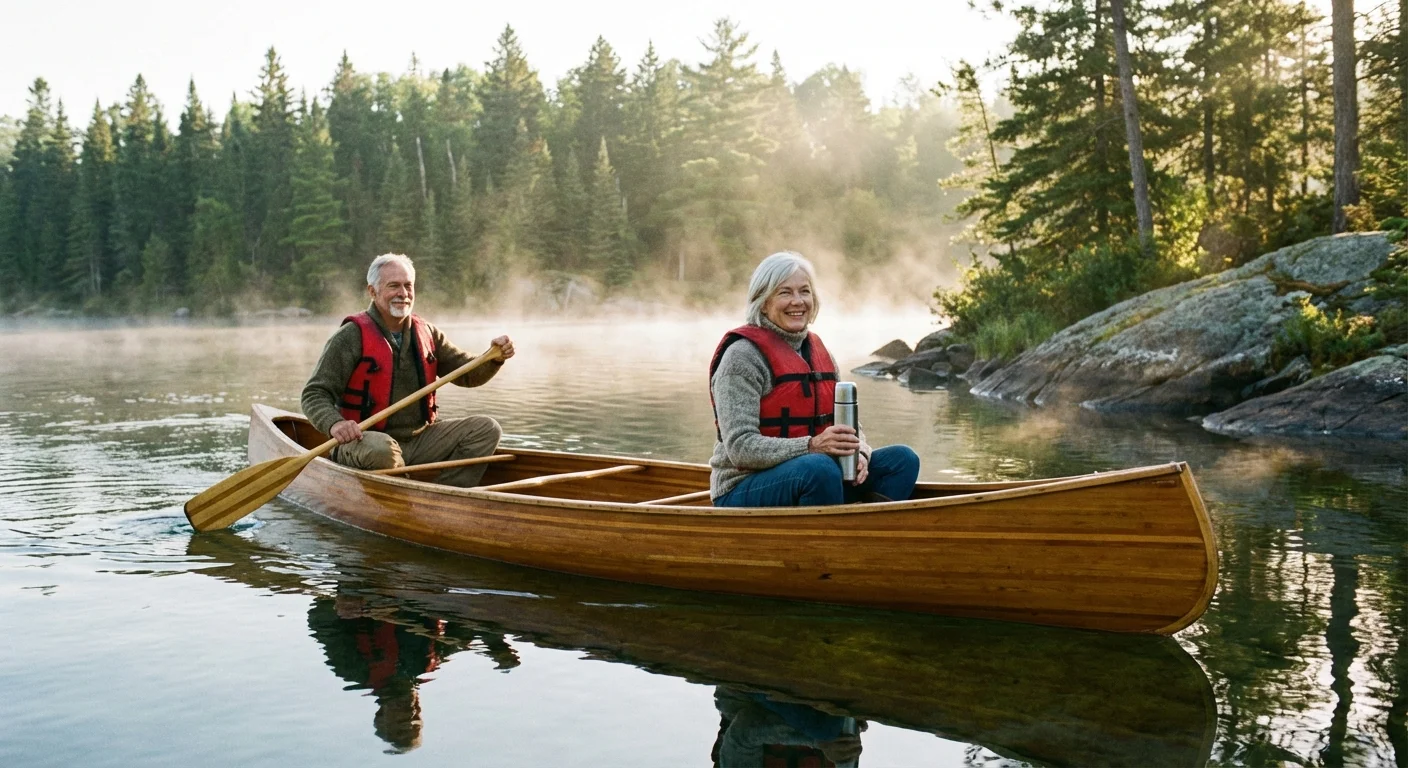 A couple in a canoe on a calm lake surrounded by trees.