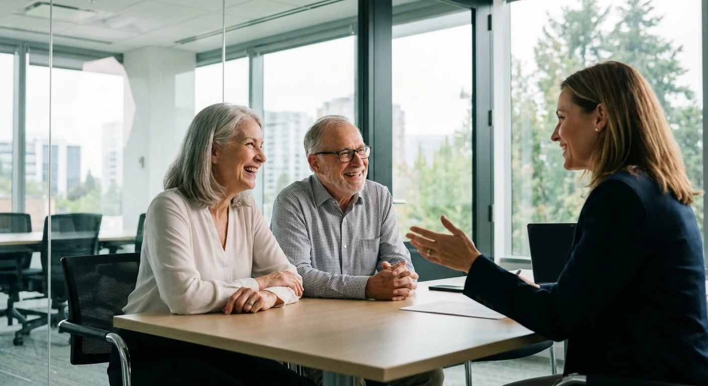A couple in a meeting with a professional advisor, focusing on retirement strategy.