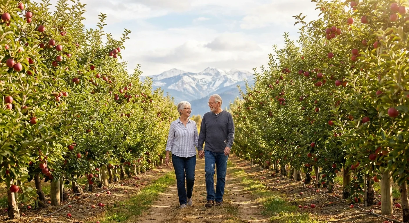 A couple in an apple orchard in Wenatchee, Washington.