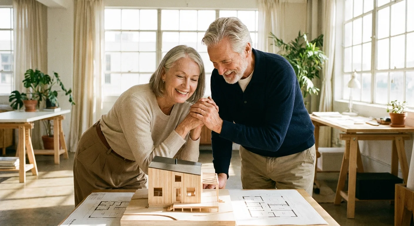 A couple looking at a model of a small modern house.