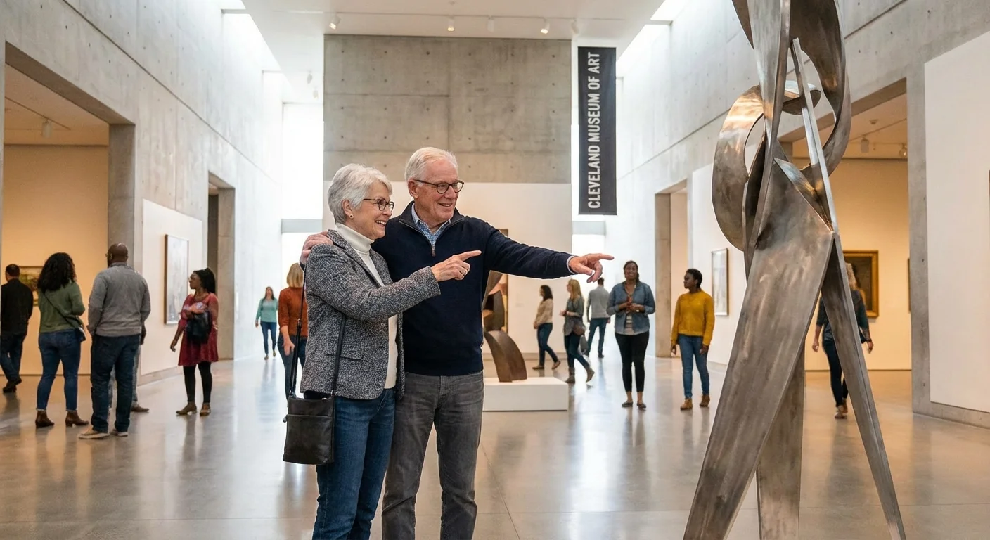 A couple looking at a painting in a modern art gallery.