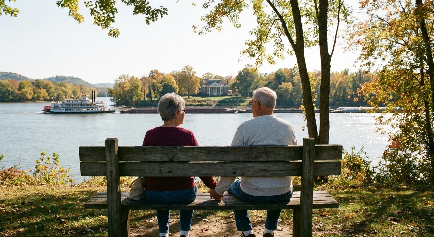 A couple looking at the Ohio River in Parkersburg, West Virginia.