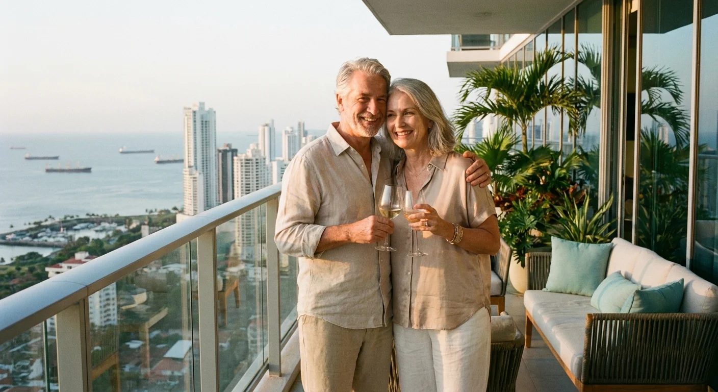A couple looking at the Panama City skyline from a modern balcony.