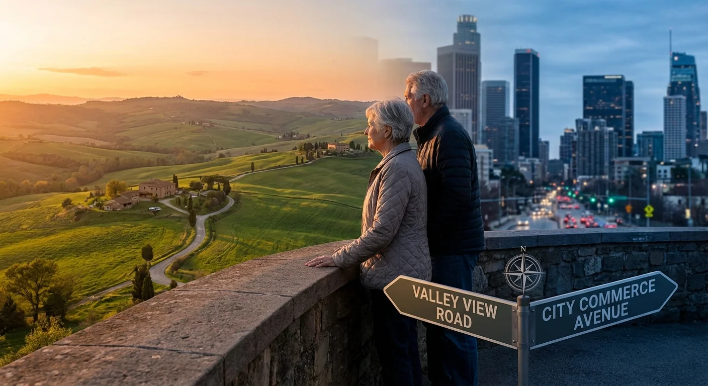 A couple looking at two different types of landscapes from a high vantage point.