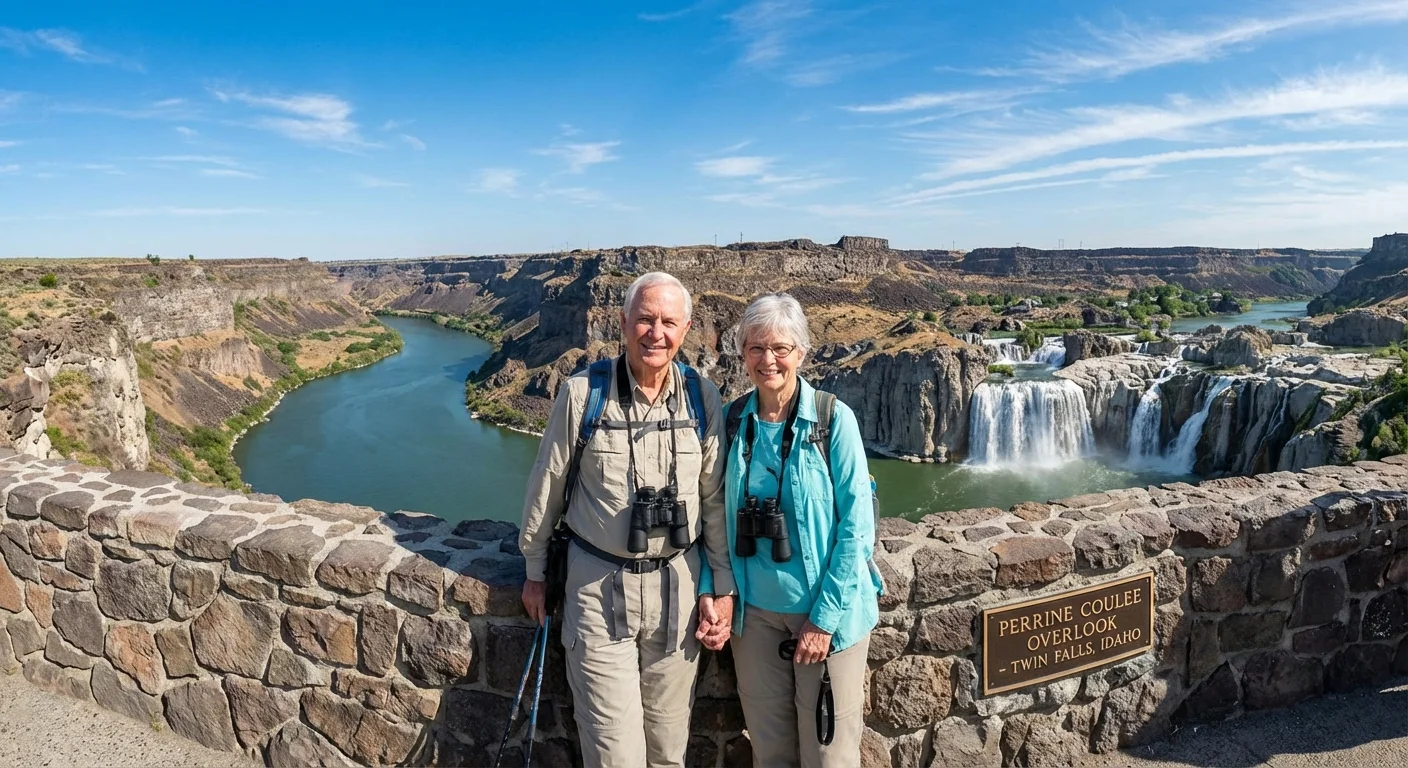 A couple looking over the Snake River Canyon in Twin Falls, Idaho.