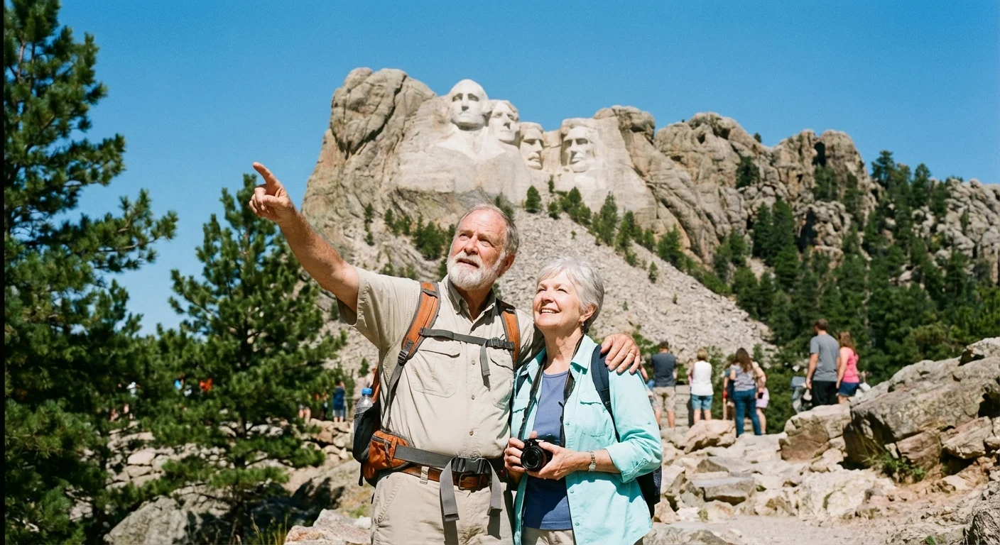A couple looking up at a large stone mountain monument.
