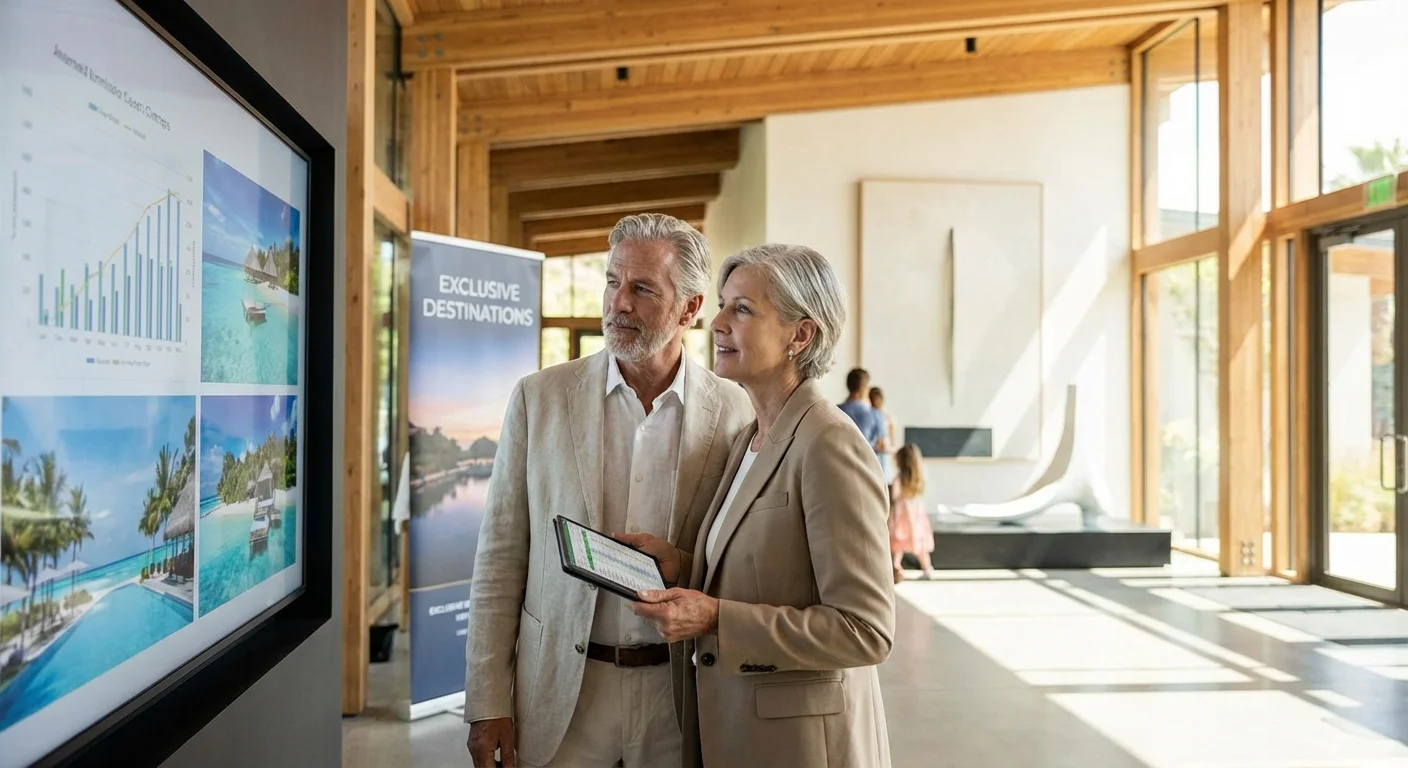 A couple looks at a luxury travel display, discussing their future retirement budget.
