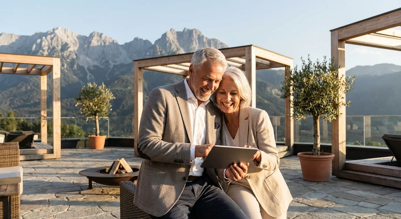 A couple looks at a tablet while sitting on a patio with mountain views.