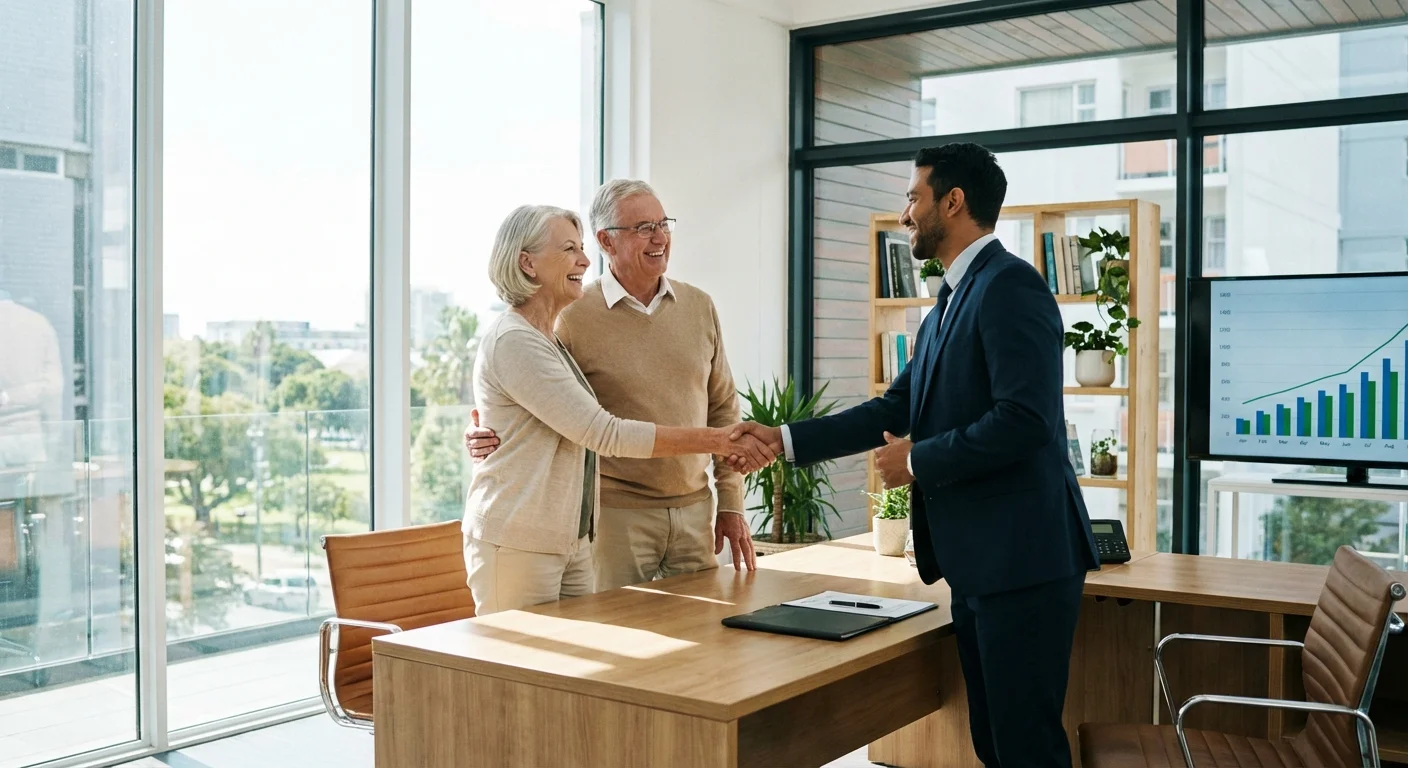 A couple meeting with a financial advisor in a bright office.