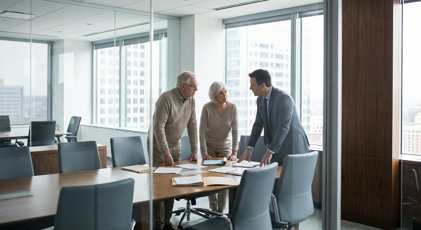 A couple meeting with a financial advisor in a professional office.
