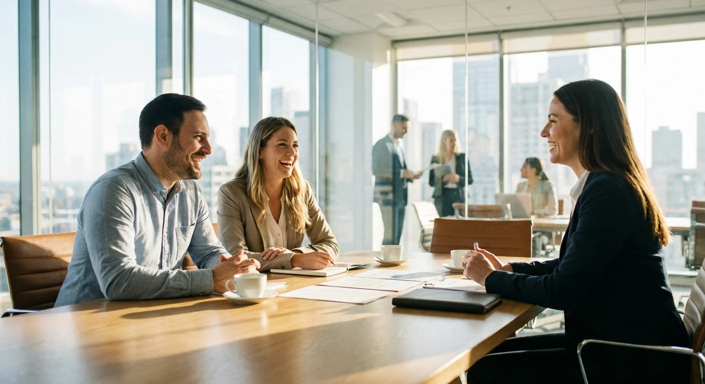 A couple meeting with a professional advisor in a bright, modern office.