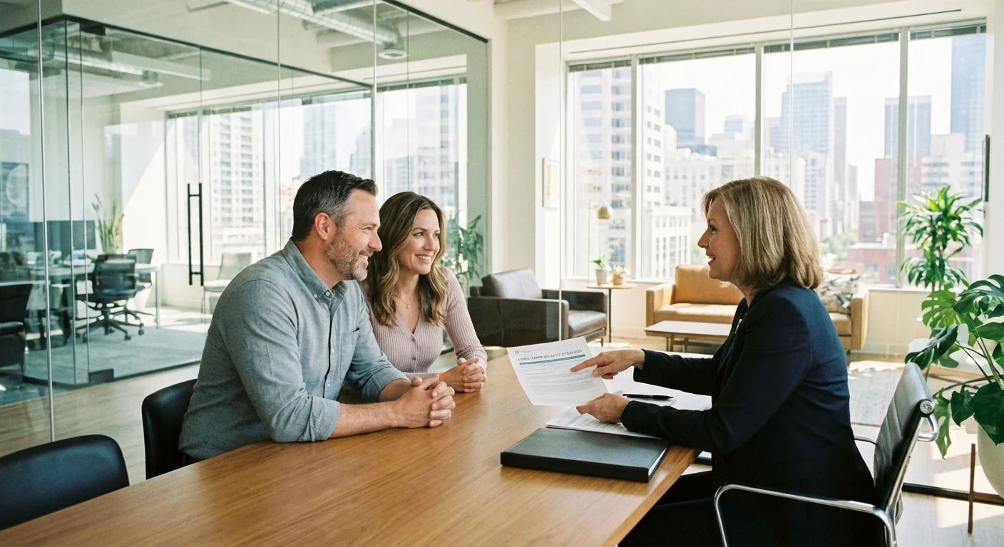 A couple meeting with a professional advisor in a modern office.