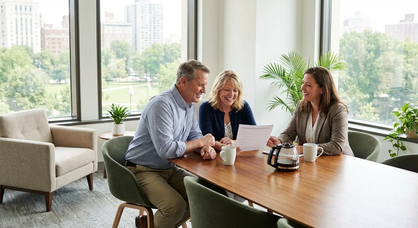 A couple meeting with a professional consultant in a bright office.