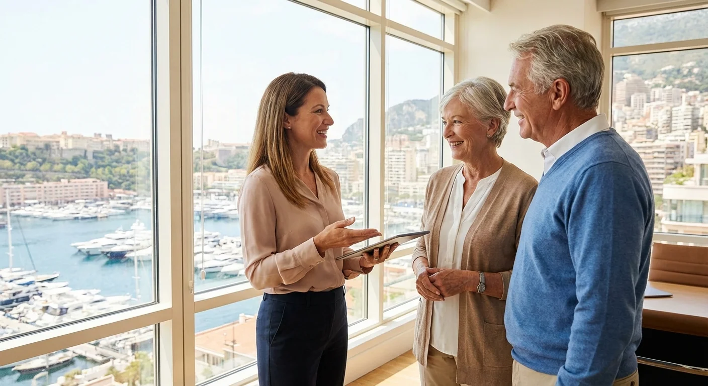 A couple meets with a financial advisor in a bright office with water views.