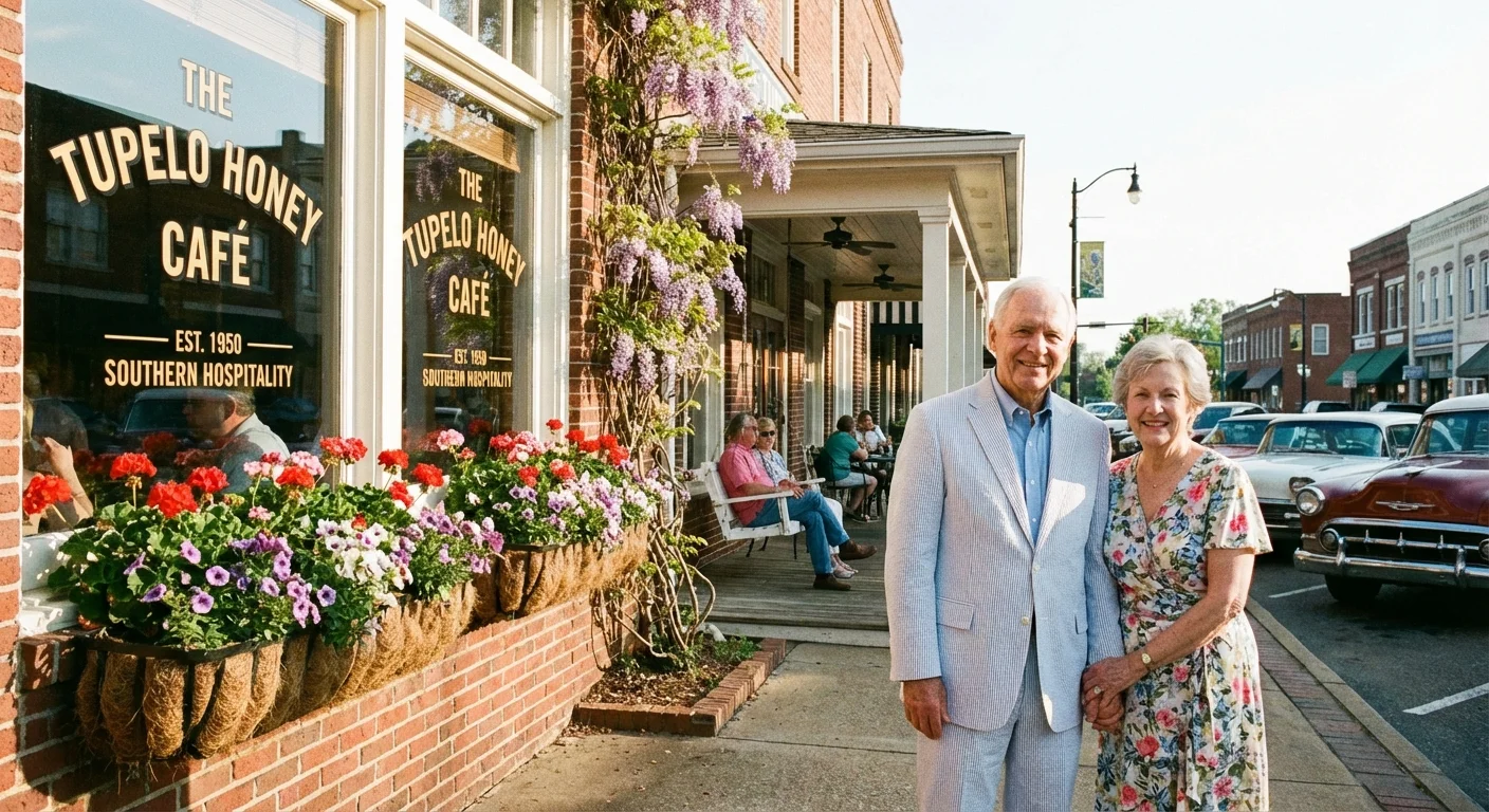 A couple outside a cafe in Tupelo, Mississippi.