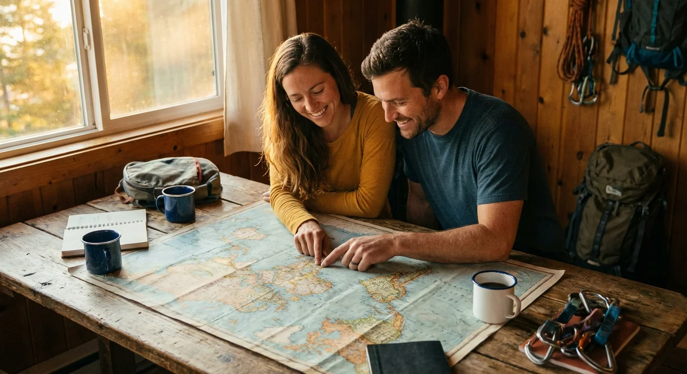 A couple planning a trip using a map and a compass on a wooden table.