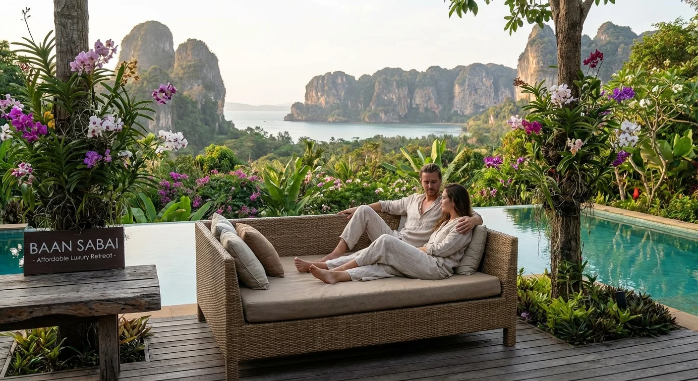 A couple relaxing in a tropical Thai garden near the ocean.