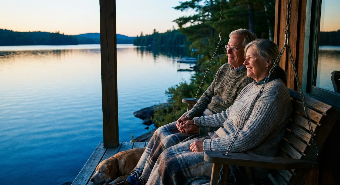 A couple relaxing on a porch swing by a lake, representing a peaceful retirement.