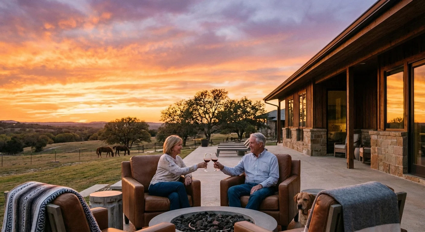 A couple relaxing outside a modern ranch home in Texas.