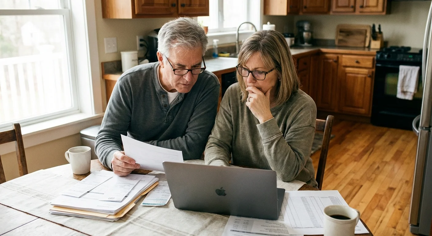 A couple reviewing financial documents and a laptop at their kitchen table.
