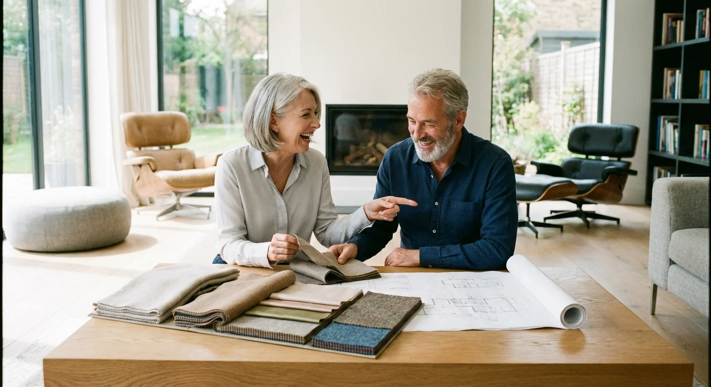 A couple reviewing home renovation plans and fabric samples together.