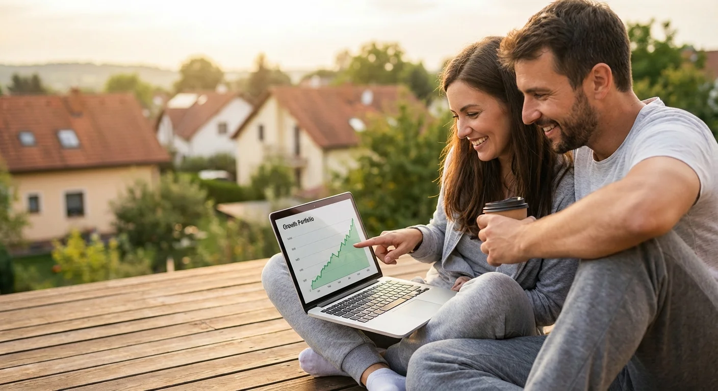 A couple reviewing investment portfolios on a laptop while sitting outdoors.