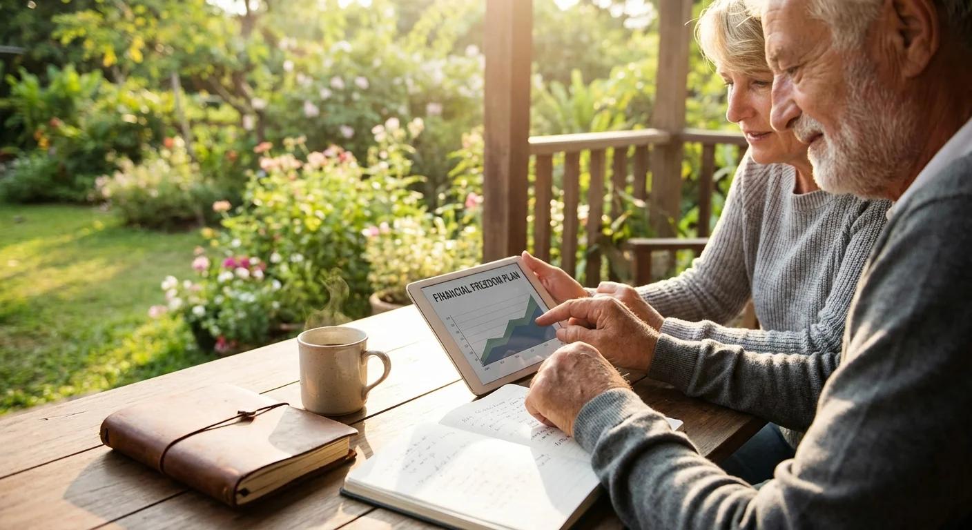 A couple reviews financial plans and relocation options on a tablet while sitting on their porch.