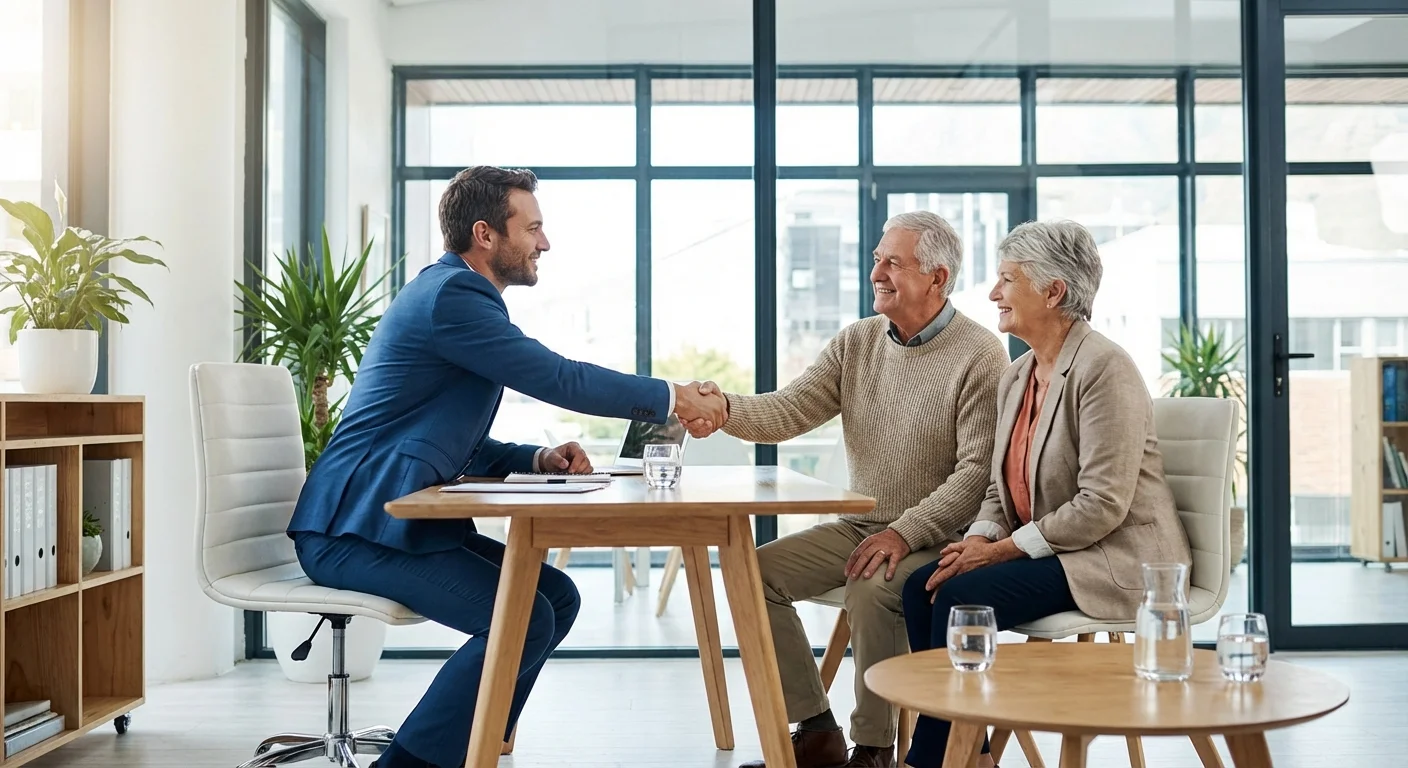 A couple shaking hands with a financial advisor in an office.