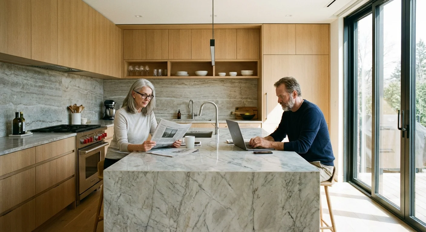 A couple sharing a kitchen space while focused on separate tasks, showing the shift in relationship dynamics.