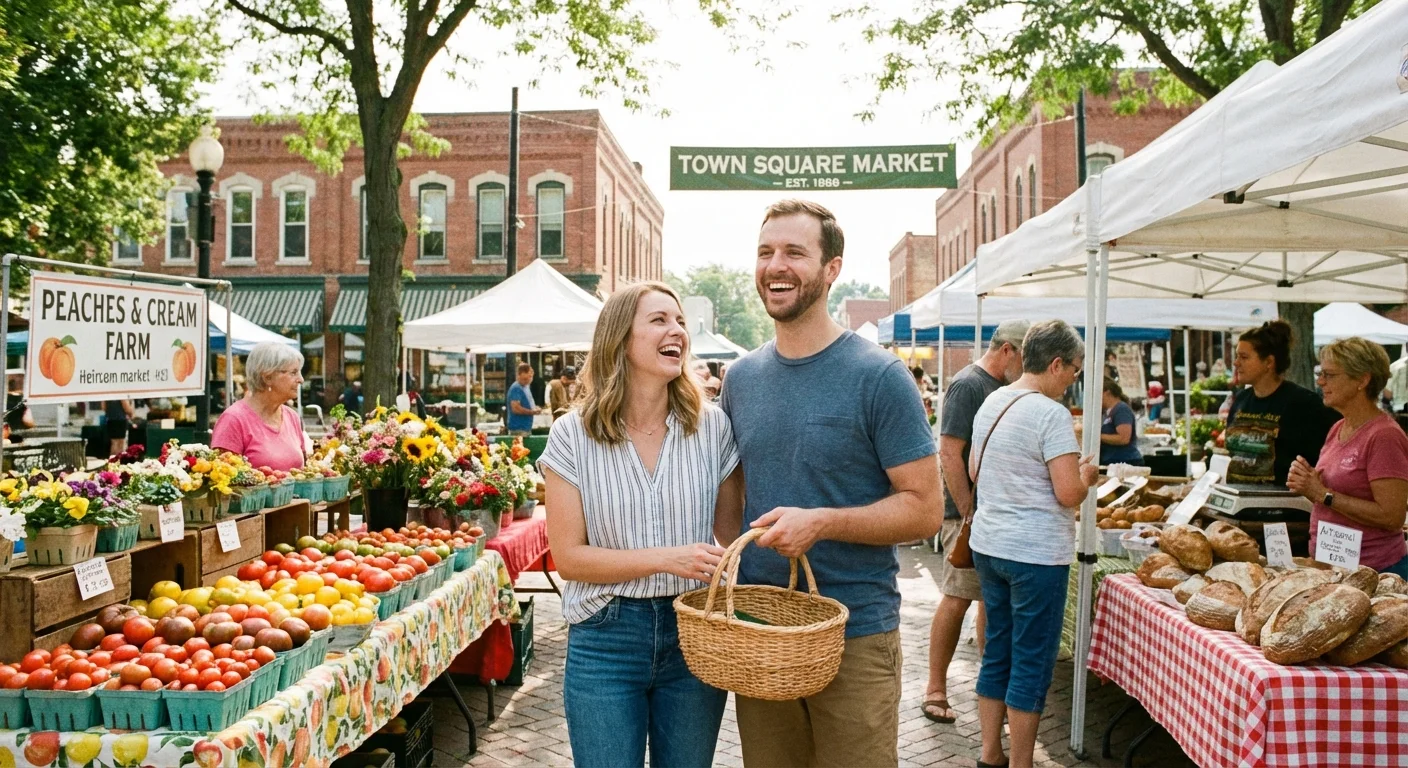 A couple shopping at a vibrant Midwest farmers market in a clean town square.
