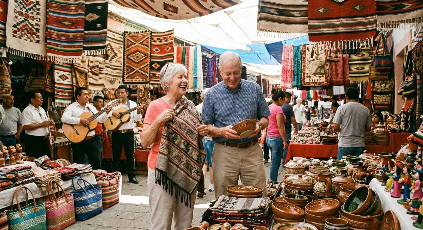 A couple shopping at a vibrant outdoor Mexican market.