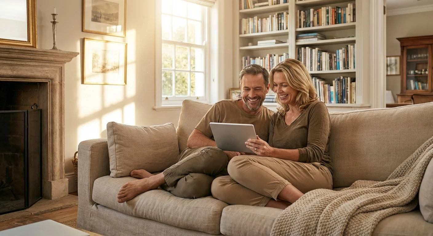 A couple sits on a sofa looking at a tablet with a calm expression.