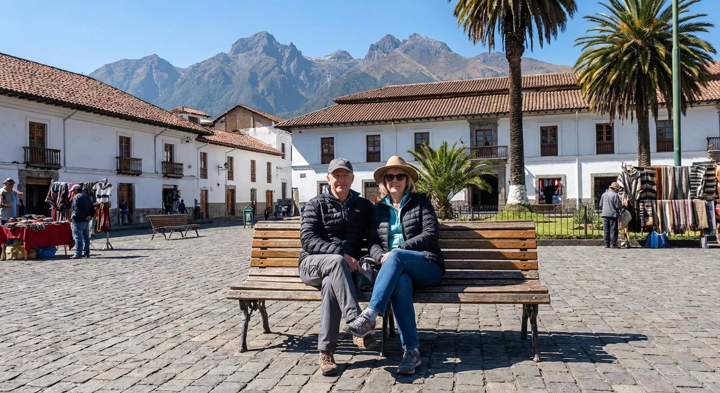 A couple sitting in a historic town square with mountains in the background.