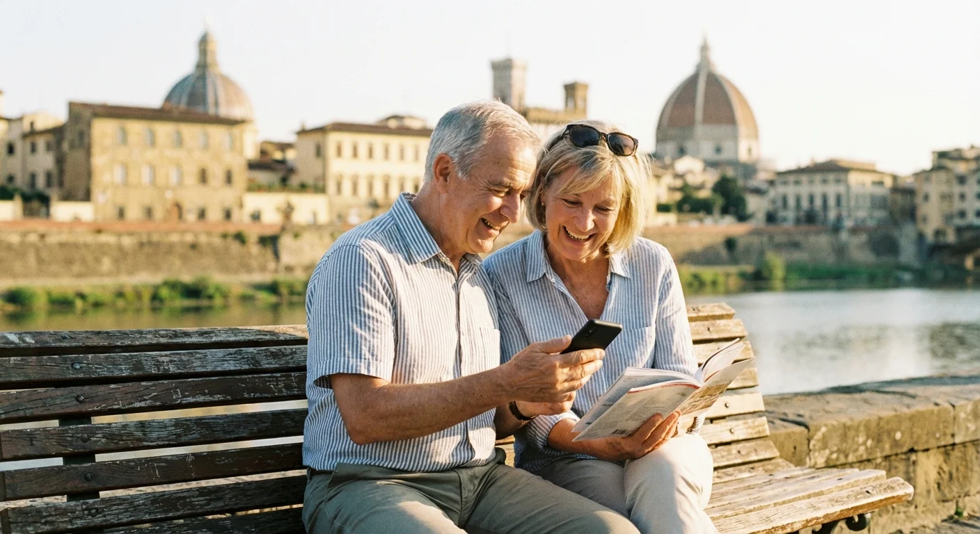 A couple sitting on a bench in a European city, looking at a map on a phone.