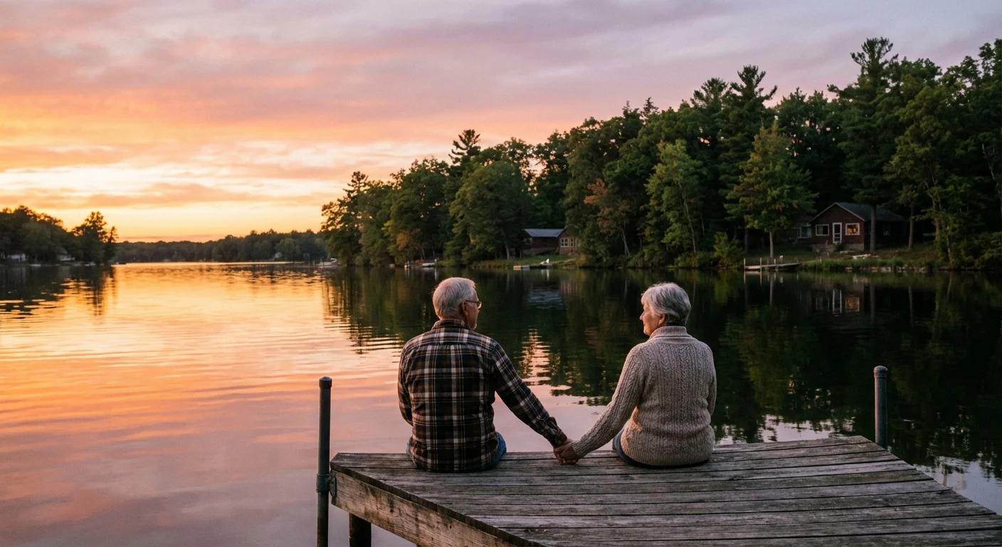 A couple sitting on a dock by a lake in Angola, Indiana.