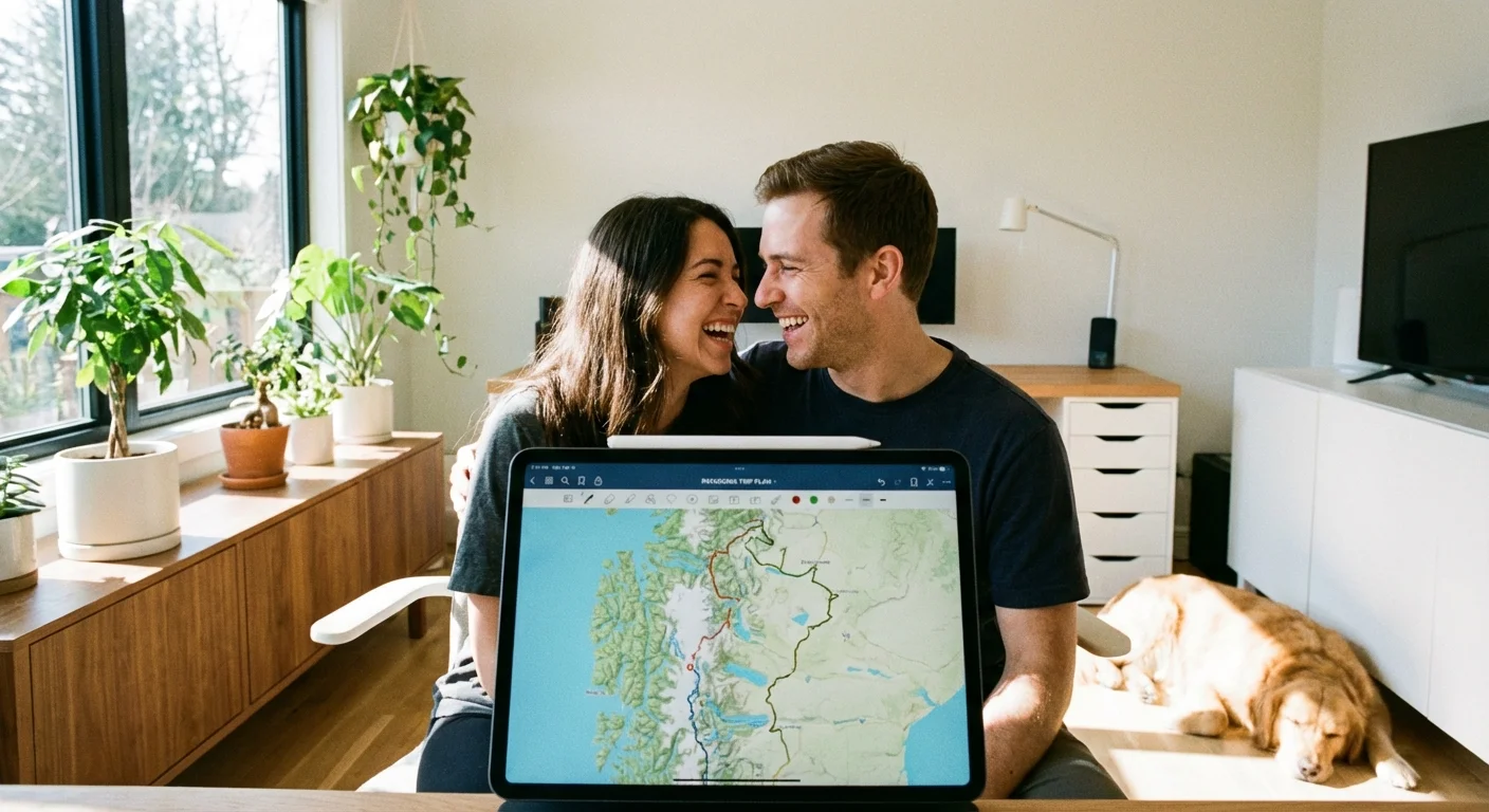 A couple sitting together at a desk looking at a tablet and smiling.