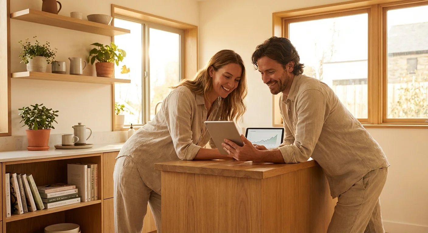A couple smiling while looking at a tablet in a bright, modern kitchen.