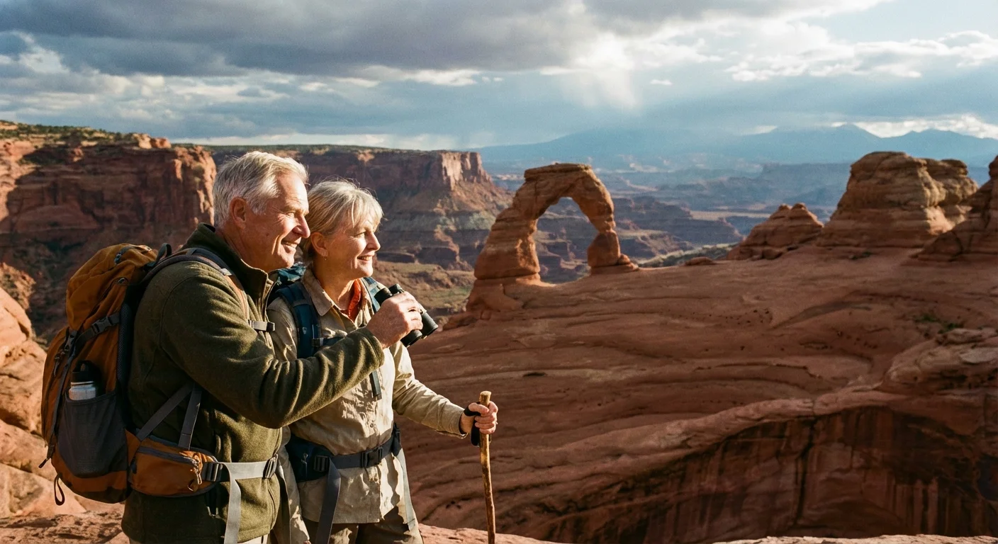A couple standing among giant red rock formations.