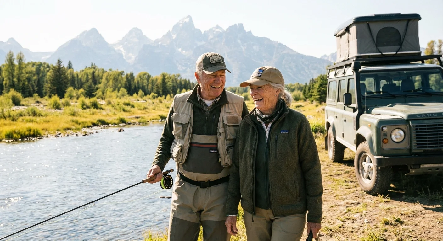 A couple standing by a river with grand mountains behind them.