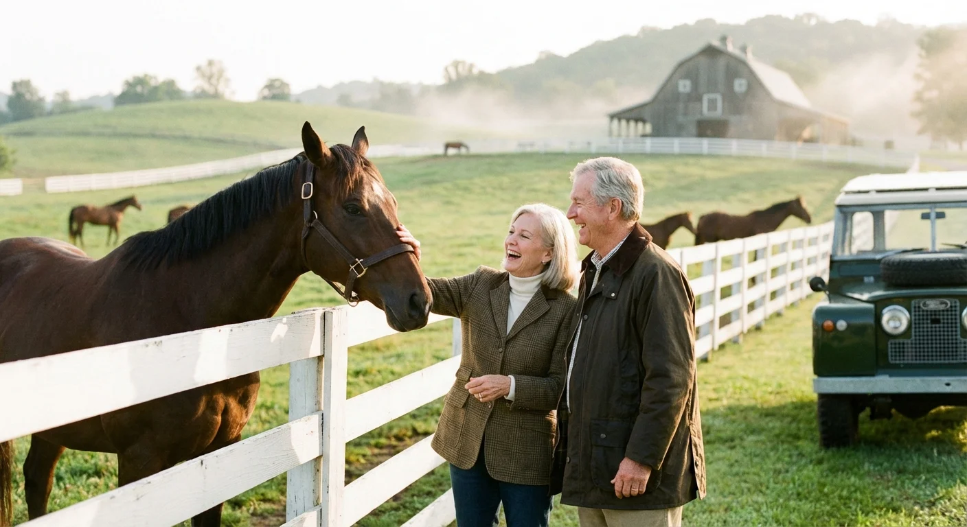 A couple standing by a white fence on a green horse farm.