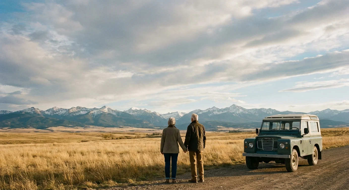 A couple standing in a wide open field with mountains far away.