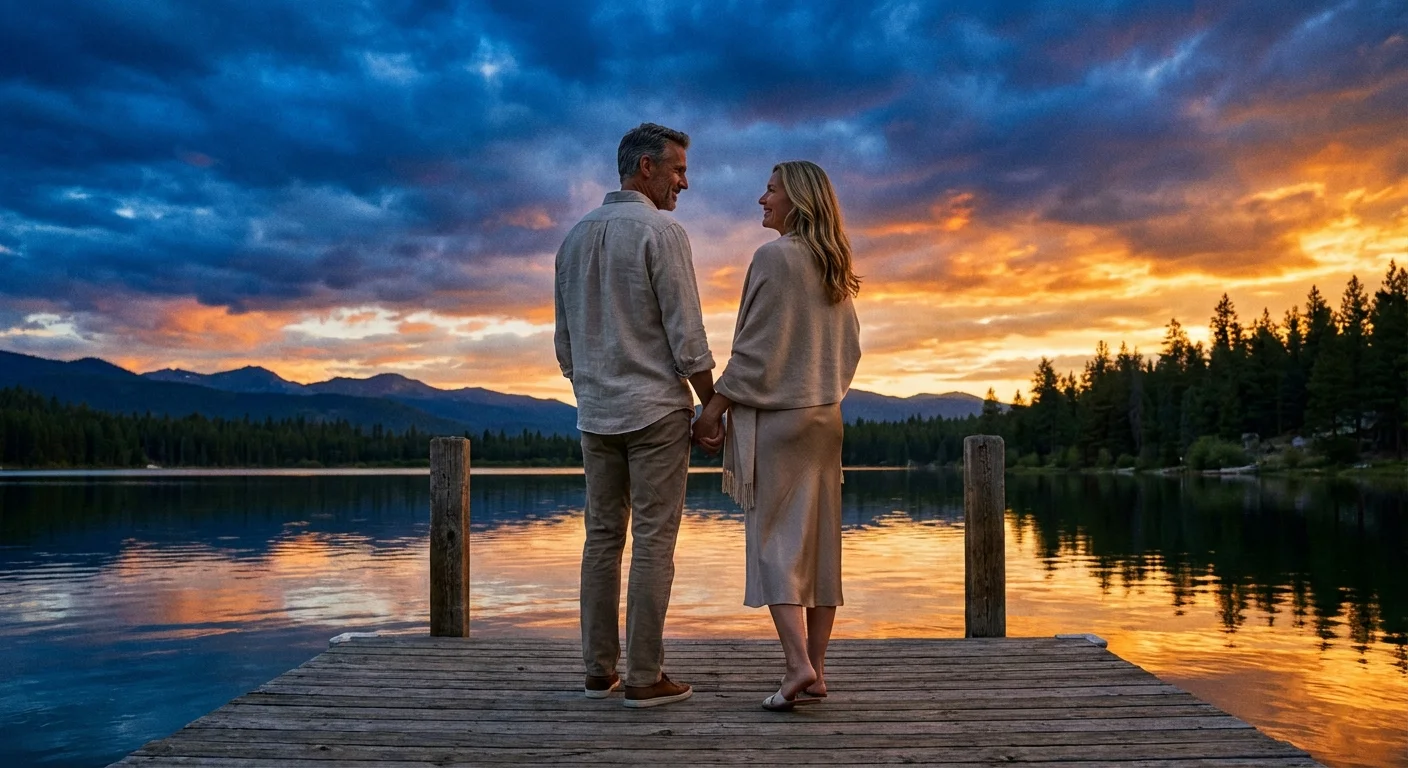 A couple standing on a dock at sunset, looking peaceful.
