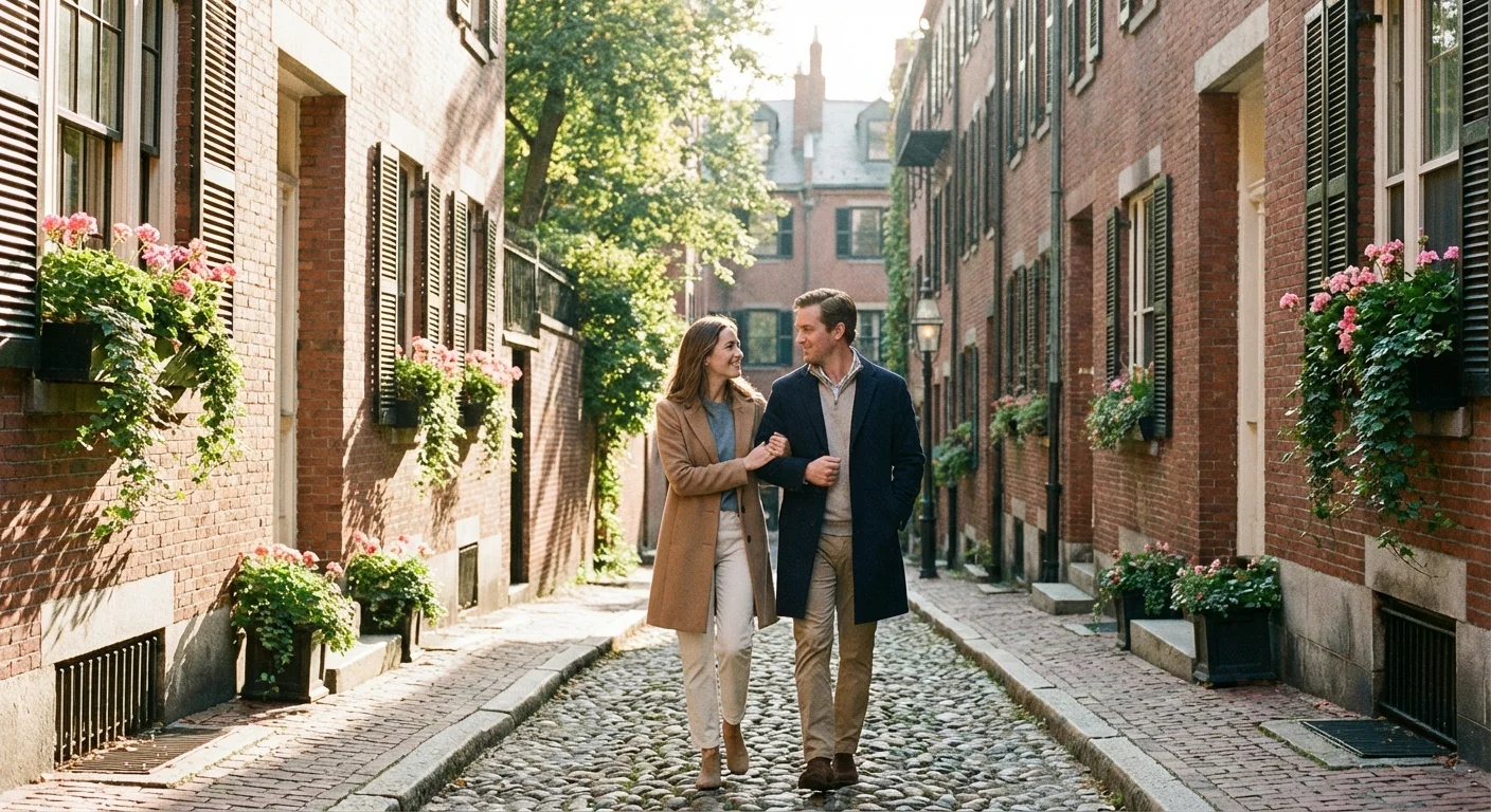 A couple strolling down a historic, flower-lined street in an Eastern U.S. town.