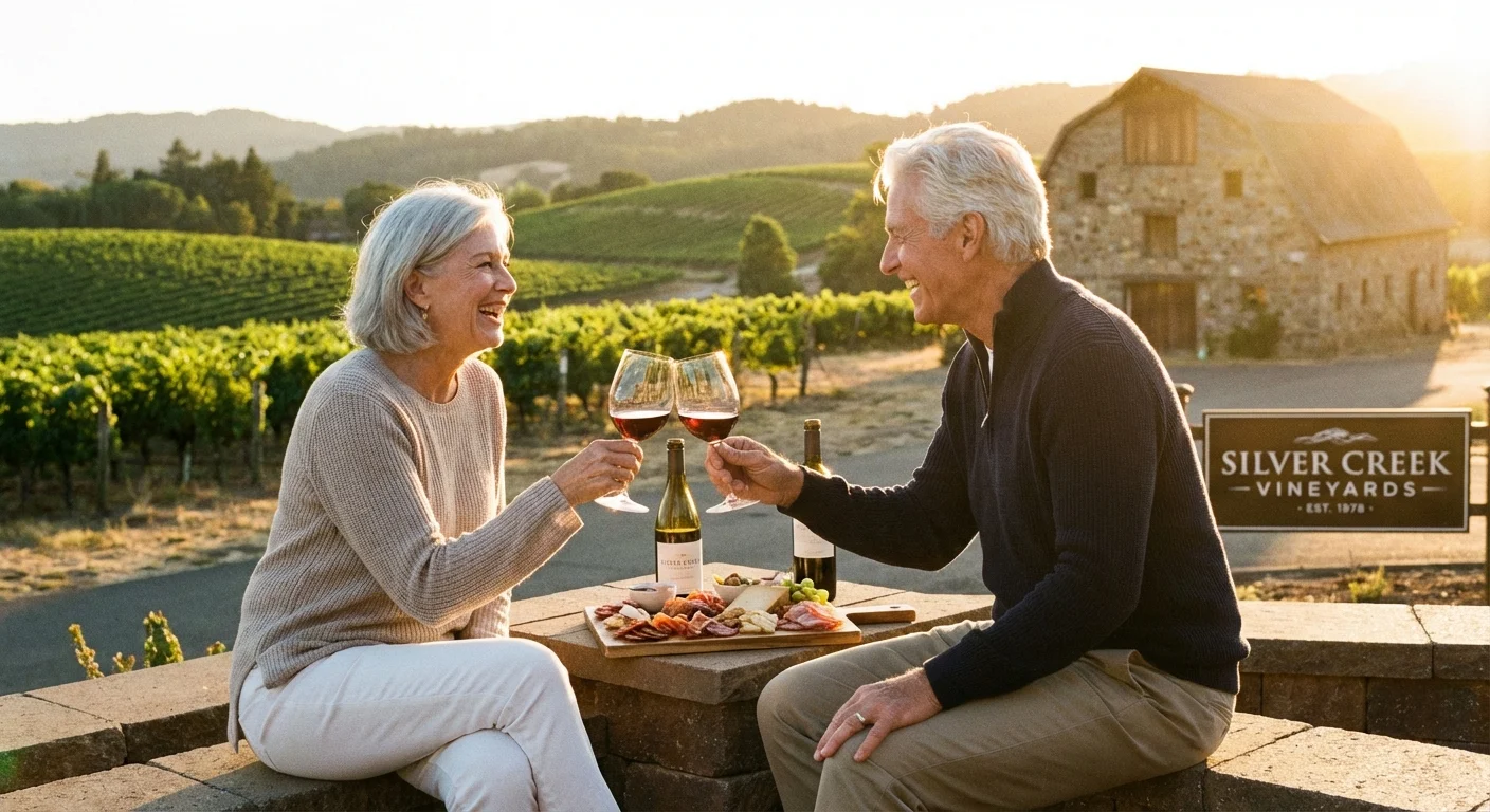 A couple tasting wine at an outdoor vineyard at sunset.