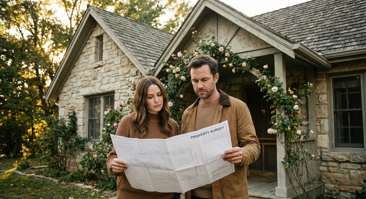 A couple thoughtfully examines documents in front of a suburban home.