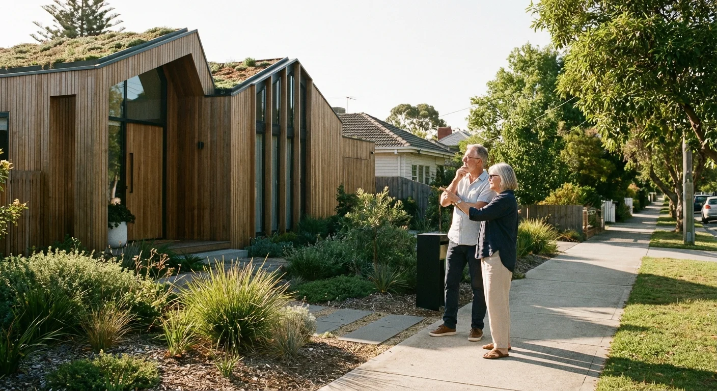 A couple thoughtfully observes a potential new home in a suburban neighborhood.