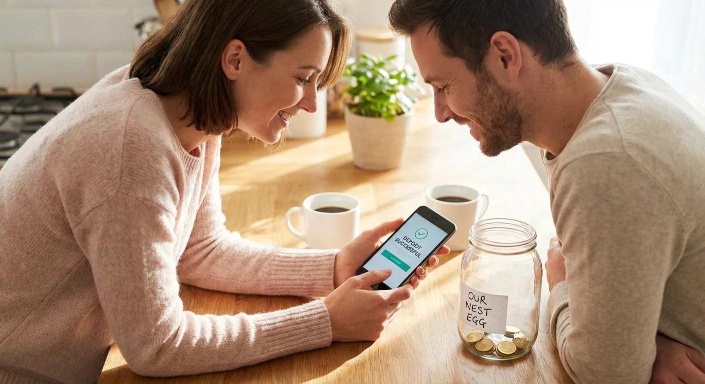 A couple using a banking app in their kitchen, symbolizing financial security.
